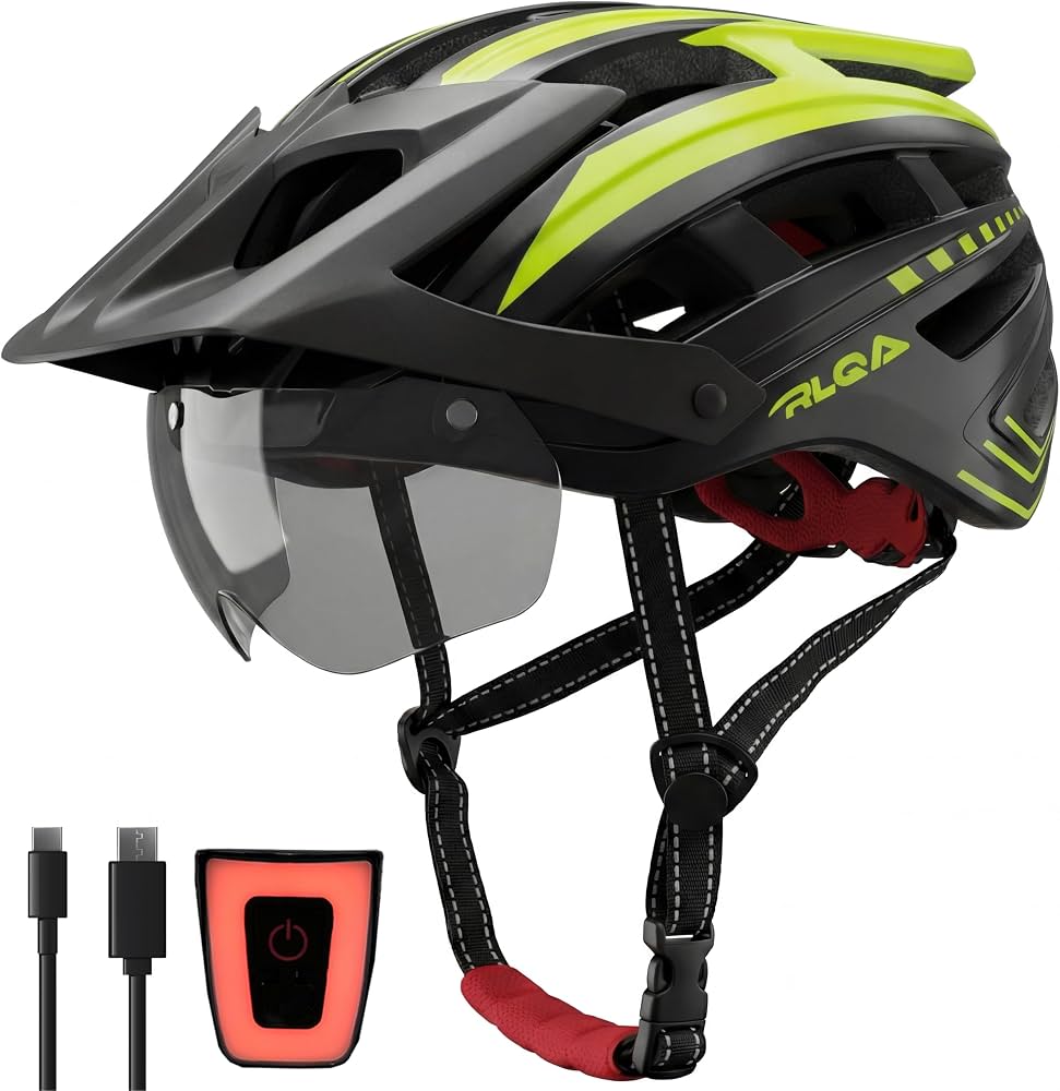 casque-velo-homme-825hvl-1.jpg RLQA Casque Velo Homme Femme – Casque VTT/Route avec Visière Magnétique Détachable et Lunettes, 24 Aérations, Feu arrière LED, Taille Réglable ... – Image 1