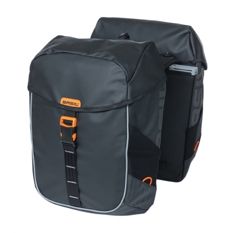 sacoche-porte-bagage-velo-406pdp.jpg SACOCHE ARRIERE VELO DOUBLE BASIL MILES IMPERMEABLE 34L NOIR ORANGE POUR SYSTEME MIK SUR PORTE BAGAGE (34x16x43cm) NATHY CYCLE – Image 1